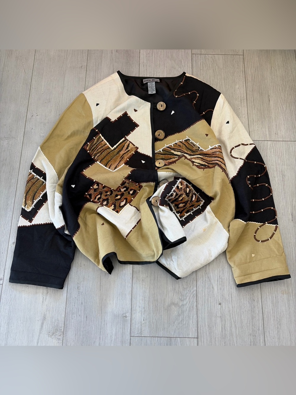 Indigo Patchwork Animal Print Button Front Jacket in Black, Cream & Tan
